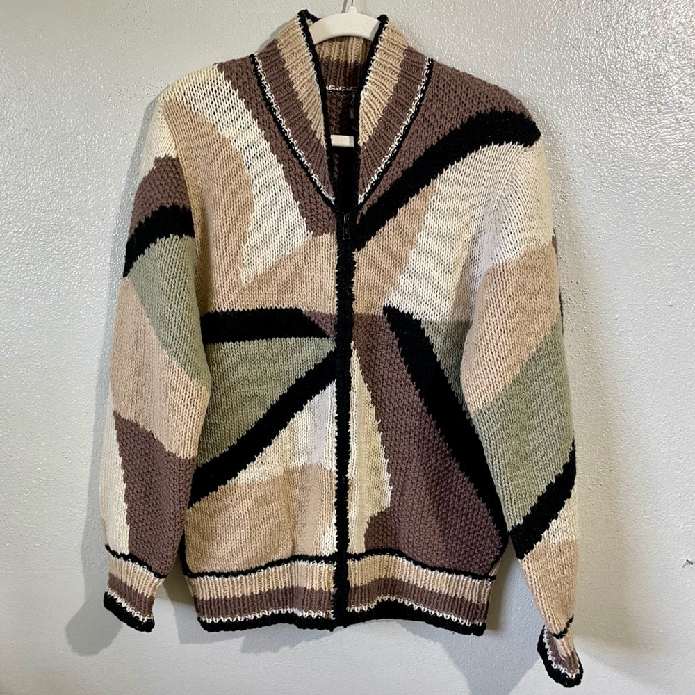 Vtg 100% Wool Zip Front Cardigan Geometric Abstract Colorblock Sweater M Outdoor